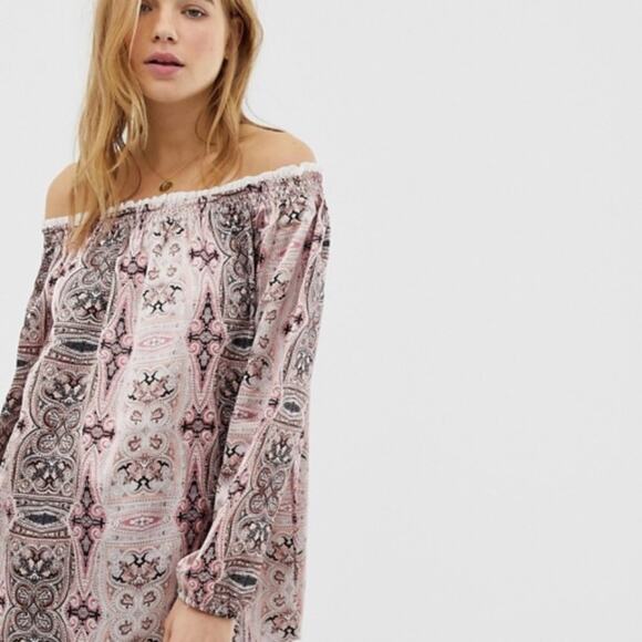 ASOS Border Print Satin Off Shoulder Top Pink Size Small - Picture 4 of 10